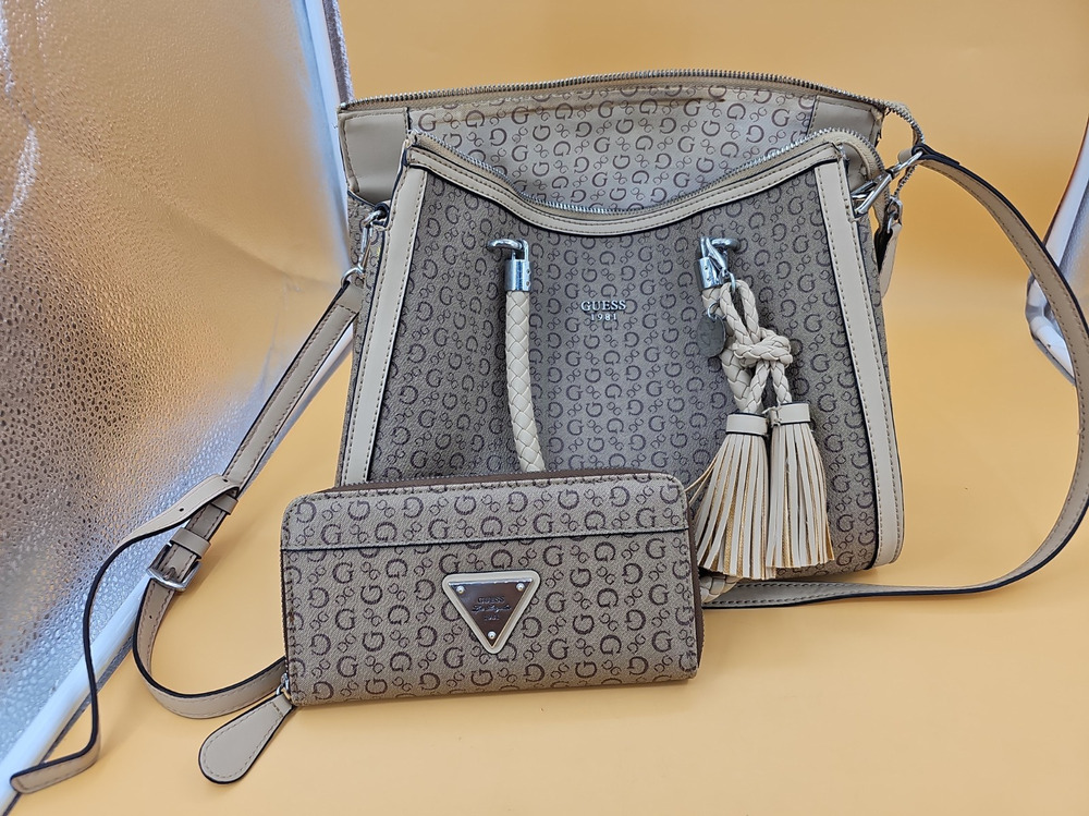 GUESS Women's Brown Logo Debossed Handbag Purse Satchel Bag And Matching Wallet
